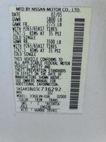 5N1AR18U15C736292 - 2005 NISSAN PATHFINDER LE 白色 照片 13