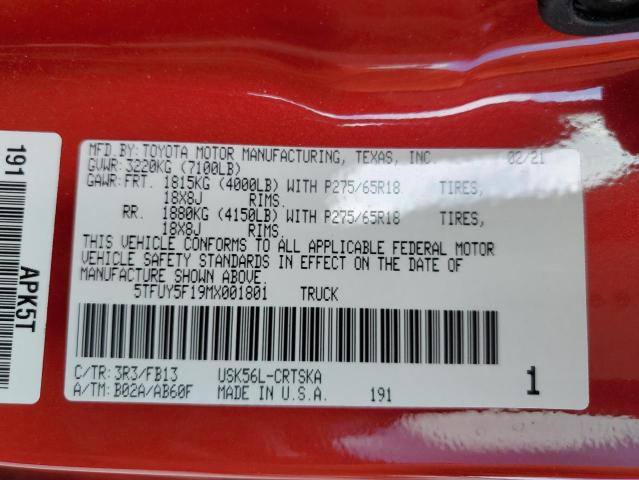 5TFUY5F19MX001801 - 2021 TOYOTA TUNDRA DOUBLE CAB SR/SR5 RED photo 12