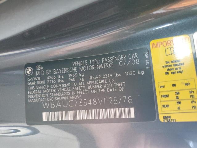 WBAUC73548VF25778 - 2008 BMW 1 SERIES I CHARCOAL photo 13