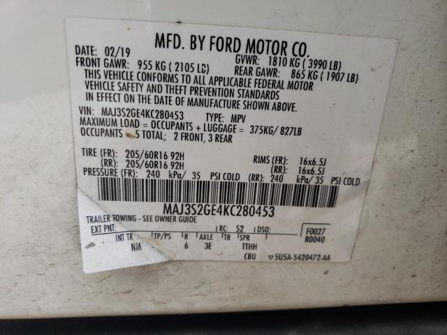 MAJ3S2GE4KC280453 - 2019 FORD ECOSPORT SE WHITE photo 12