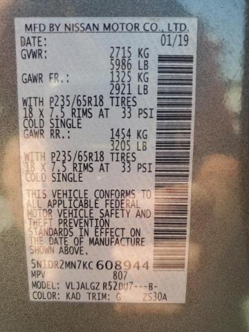 5N1DR2MN7KC608944 - 2019 NISSAN PATHFINDER S GRAY photo 13