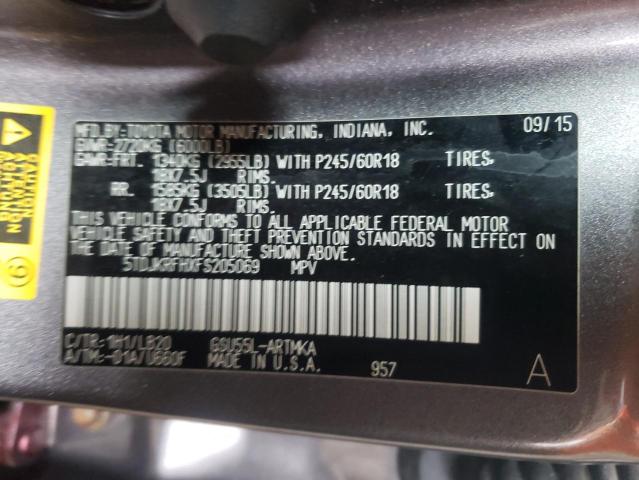 5TDJKRFHXFS205069 - 2015 TOYOTA HIGHLANDER XLE Մոխրագույն լուսանկար 13