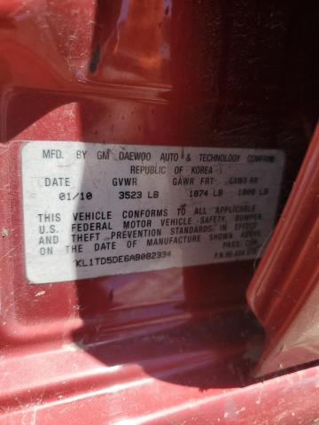 KL1TD5DE6AB082334 - 2010 CHEVROLET AVEO LS 红色 照片 12