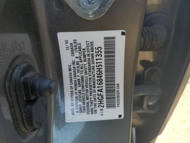 2HGFA16846H511355 - 2006 HONDA CIVIC EX GRAY photo 12