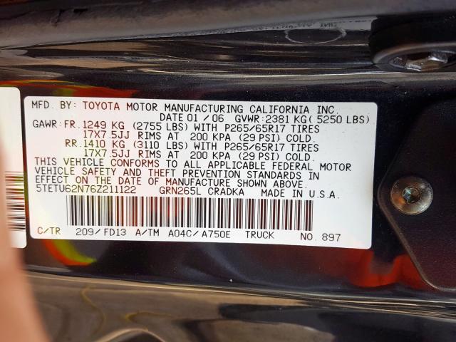 5TETU62N76Z211122 - 2006 TOYOTA TACOMA PRERUNNER ACCESS CAB  photo 10