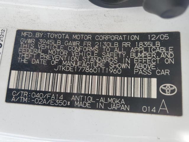 JTKDE177860111960 - 2006 TOYOTA SCION TC 白色 照片 12