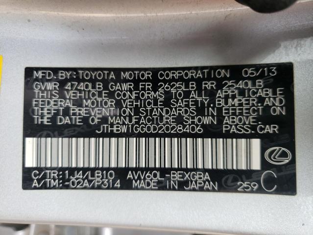 JTHBW1GG0D2028406 - 2013 LEXUS ES 300H SILVER photo 12