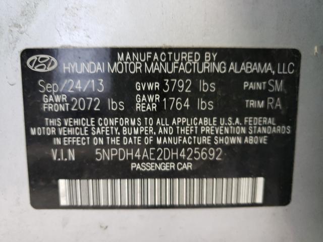 5NPDH4AE2DH425692 - 2013 HYUNDAI ELANTRA GLS SILVER photo 10