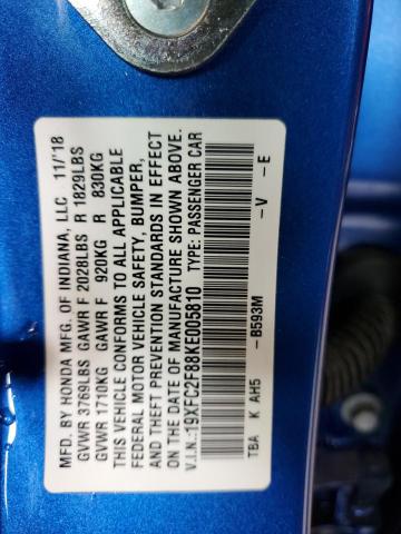 19XFC2F88KE005810 - 2019 HONDA CIVIC SPORT 蓝色 照片 12