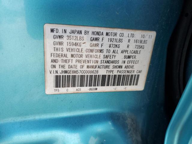 JHMGE8H57CC008628 - 2012 HONDA FIT SPORT TURQUOISE photo 12