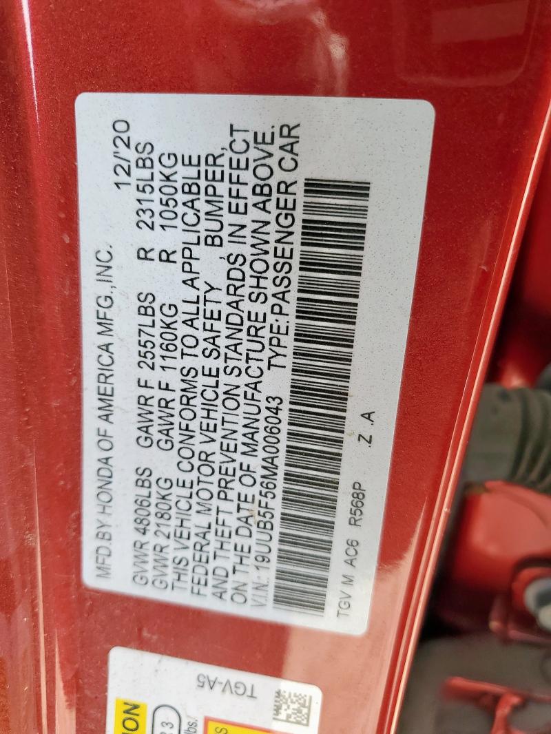 19UUB5F56MA006043 - 2021 ACURA TLX TECH A RED photo 12