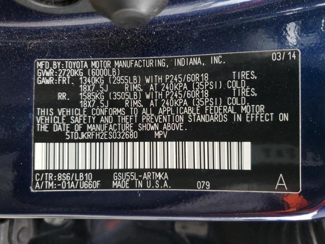 5TDJKRFH2ES032680 - 2014 TOYOTA HIGHLANDER XLE BLUE photo 13