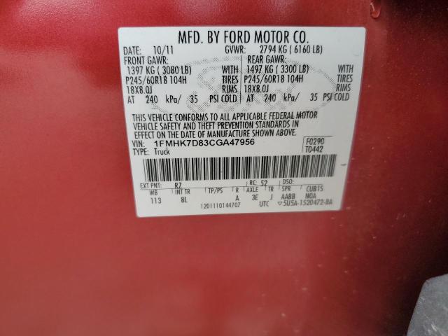 1FMHK7D83CGA47956 - 2012 FORD EXPLORER XLT RED photo 10