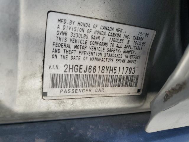 2HGEJ6618YH511793 - 2000 HONDA CIVIC BASE SILVER photo 12