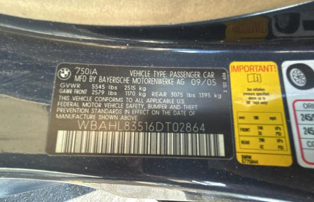 WBAHL83516DT02864 - 2006 BMW 750 I BLUE photo 10