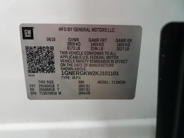 1GNERGKW2KJ101101 - 2019 CHEVROLET TRAVERSE LT Blanc photo 13