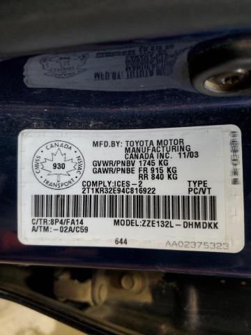 2T1KR32E94C816922 - 2004 TOYOTA COROLLA MA XR BLUE photo 12