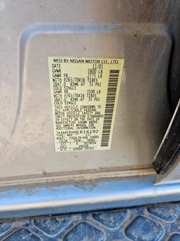 5N1AR18UX6C614192 - 2006 NISSAN PATHFINDER LE SILVER photo 10