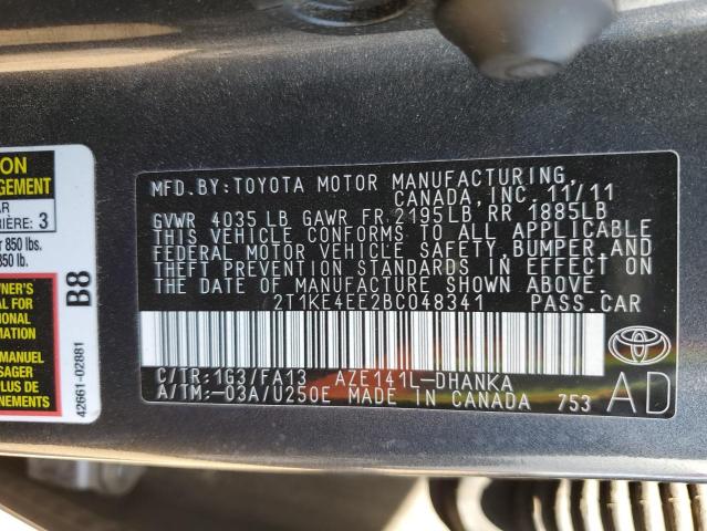 2T1KE4EE2BC048341 - 2011 TOYOTA COROLLA MA S GRAY photo 12