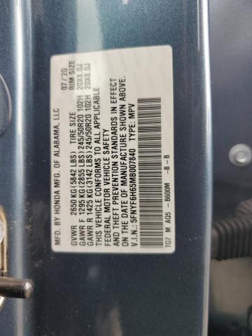 5FNYF6H65MB007840 - 2021 HONDA PILOT TOURING BLUE photo 13