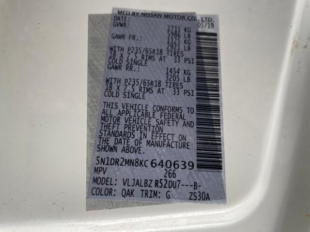 5N1DR2MN8KC640639 - 2019 NISSAN PATHFINDER S WHITE photo 10