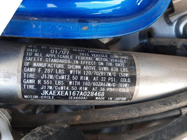 JKAEXEA167A028468 - 2007 KAWASAKI EX650 A Mavi foto 10
