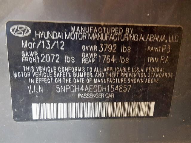 5NPDH4AE0DH154857 - 2013 HYUNDAI ELANTRA GLS  photo 10