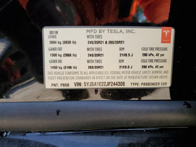 5YJSA1E22JF244306 - 2018 TESLA MODEL S 黑色 照片 12