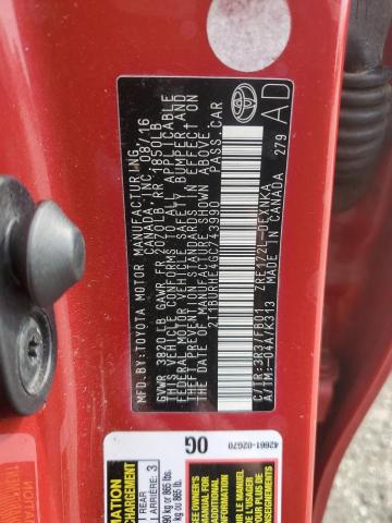 2T1BURHE4GC743990 - 2016 TOYOTA COROLLA L RED photo 12