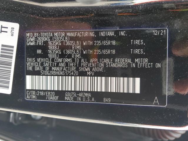 5TDGZRBH6NS175420 - 2022 TOYOTA HIGHLANDER XLE BLACK photo 14