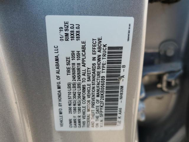 5FPYK2F28KB006089 - 2019 HONDA RIDGELINE RT SILVER photo 13