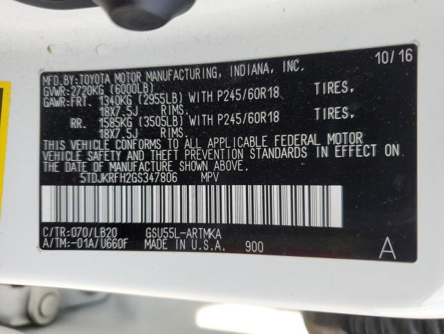 5TDJKRFH2GS347806 - 2016 TOYOTA HIGHLANDER XLE Սպիտակ լուսանկար 13