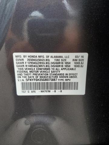 5FNYF6H35GB075887 - 2016 HONDA PILOT EX GRAY photo 13