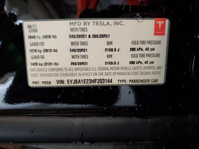 5YJSA1E23HF203144 - 2017 TESLA MODEL S შავი ფოტო 12