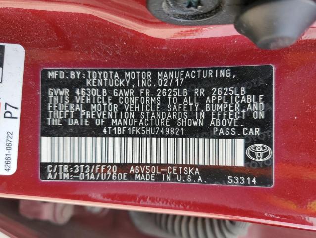 4T1BF1FK5HU749821 - 2017 TOYOTA CAMRY LE RED photo 12