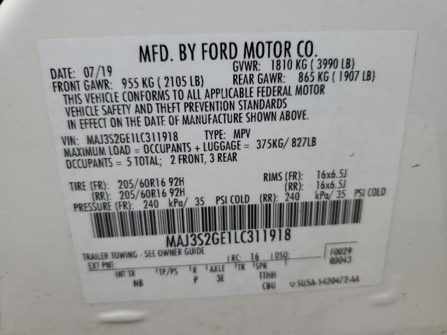 MAJ3S2GE1LC311918 - 2020 FORD ECOSPORT SE 白色 照片 13