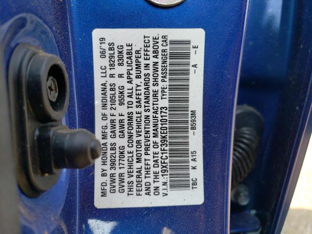 19XFC1F39KE010173 - 2019 HONDA CIVIC EX BLUE photo 12