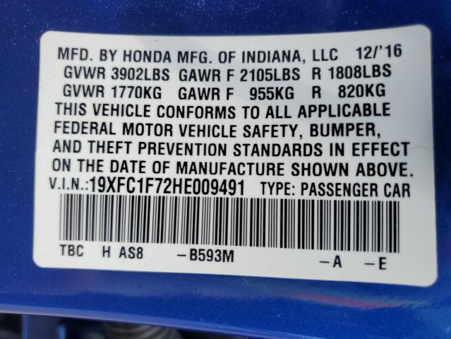19XFC1F72HE009491 - 2017 HONDA CIVIC EXL ლურჯი ფოტო 13