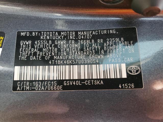 4T1BK46K57U039054 - 2007 TOYOTA CAMRY LE CHARCOAL photo 12