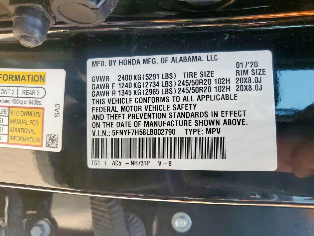 5FNYF7H58LB002790 - 2020 HONDA PASSPORT EXL 黑色 照片 14