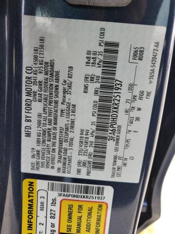 3FA6P0HDXKR251937 - 2019 FORD FUSION SE BLUE photo 12