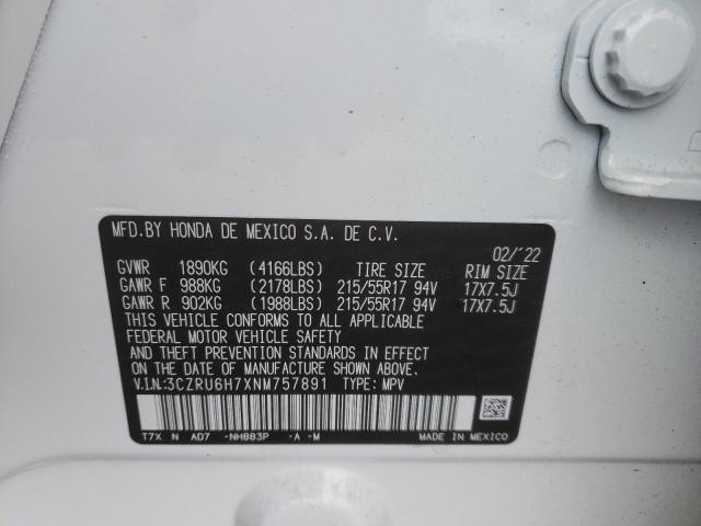 3CZRU6H7XNM757891 - 2022 HONDA HR-V EXL WHITE photo 12