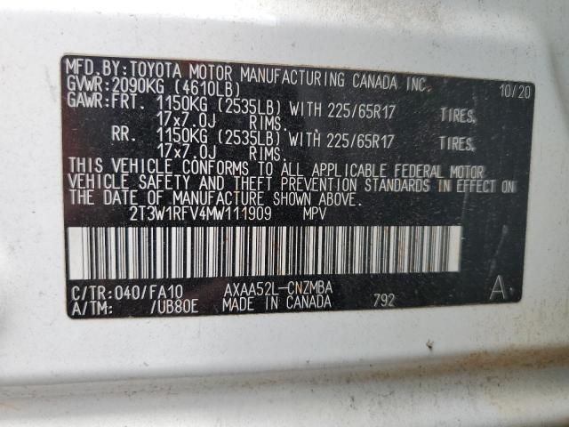 2T3W1RFV4MW111909 - 2021 TOYOTA RAV4 XLE WHITE photo 14