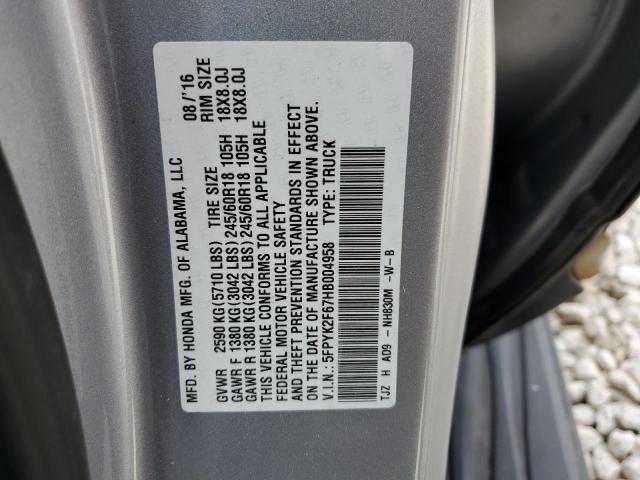 5FPYK2F67HB004958 - 2017 HONDA RIDGELINE RTL SILVER photo 12