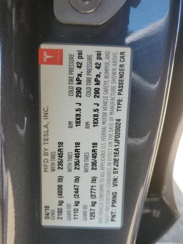 5YJ3E1EA1JF020024 - 2018 TESLA MODEL 3 Boz foto 12