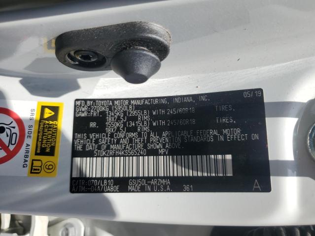 5TDKZRFH4KS565240 - 2019 TOYOTA HIGHLANDER SE WHITE photo 12