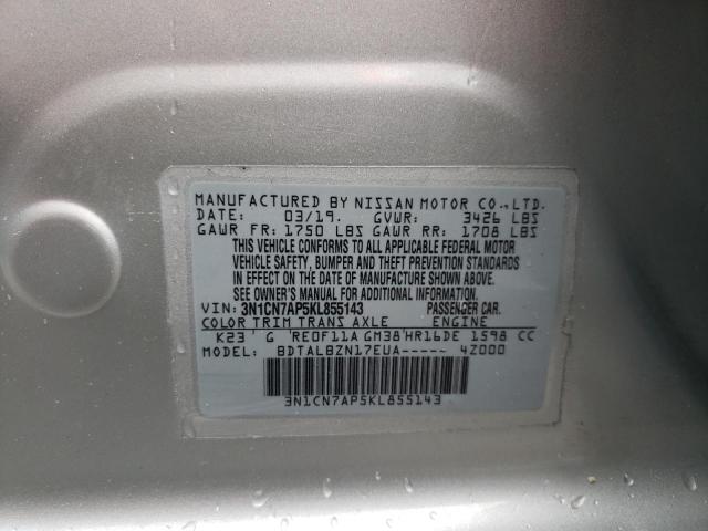 3N1CN7AP5KL855143 - 2019 NISSAN VERSA S SILVER photo 13