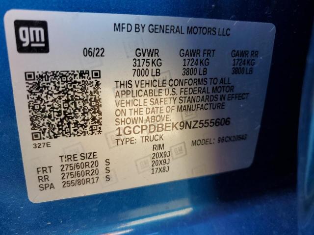 1GCPDBEK9NZ555606 - 2022 CHEVROLET silverado K1500 CUSTOM BLUE photo 12