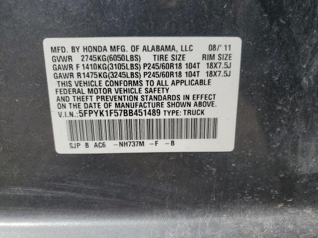 5FPYK1F57BB451489 - 2011 HONDA RIDGELINE RTL GRAY photo 13