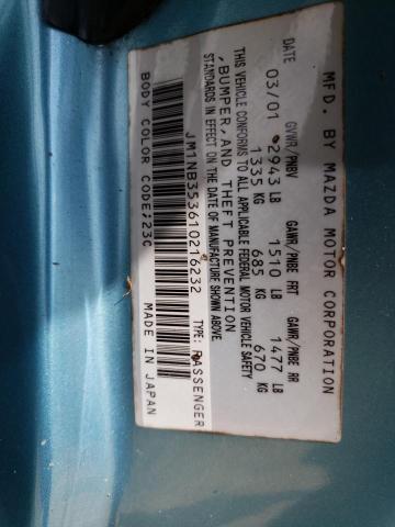 JM1NB353610216232 - 2001 MAZDA MX-5 MIATA BASE BLUE photo 12
